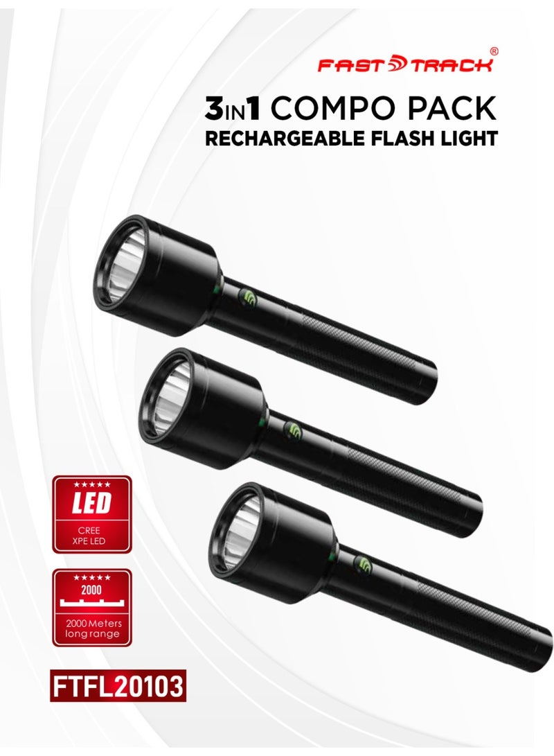 Fast Track 3-in-1 Rechargeable LED Flashlight Combo Pack, CREE XPE LED, 4000mAh Li-ion Battery, Type-C Charging, 2-Year Warranty – Black - Image 1
