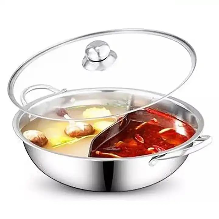 Mugath Steel Hot Pot with Divider Shabu Shabu Pot with Glass Lid Hot Pot SetHot Pot with DividerHot Pots Food Grade Stainless Steel Chinese Dual Sided Pot Set for Induction Cooktop Gas Stove - Image 1