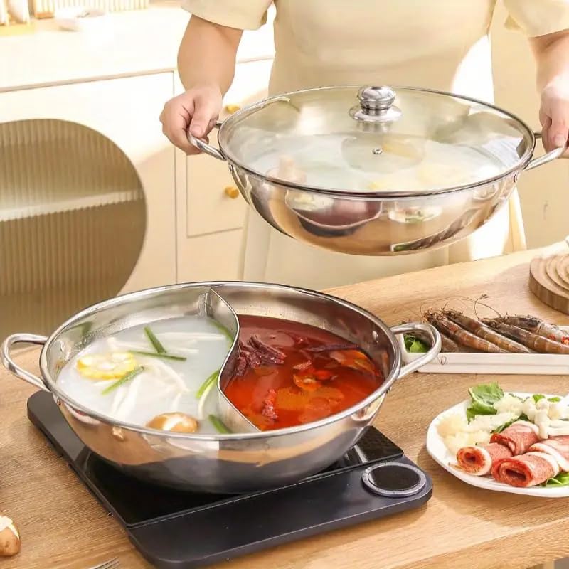 Mugath Steel Hot Pot with Divider Shabu Shabu Pot with Glass Lid Hot Pot SetHot Pot with DividerHot Pots Food Grade Stainless Steel Chinese Dual Sided Pot Set for Induction Cooktop Gas Stove - Image 3