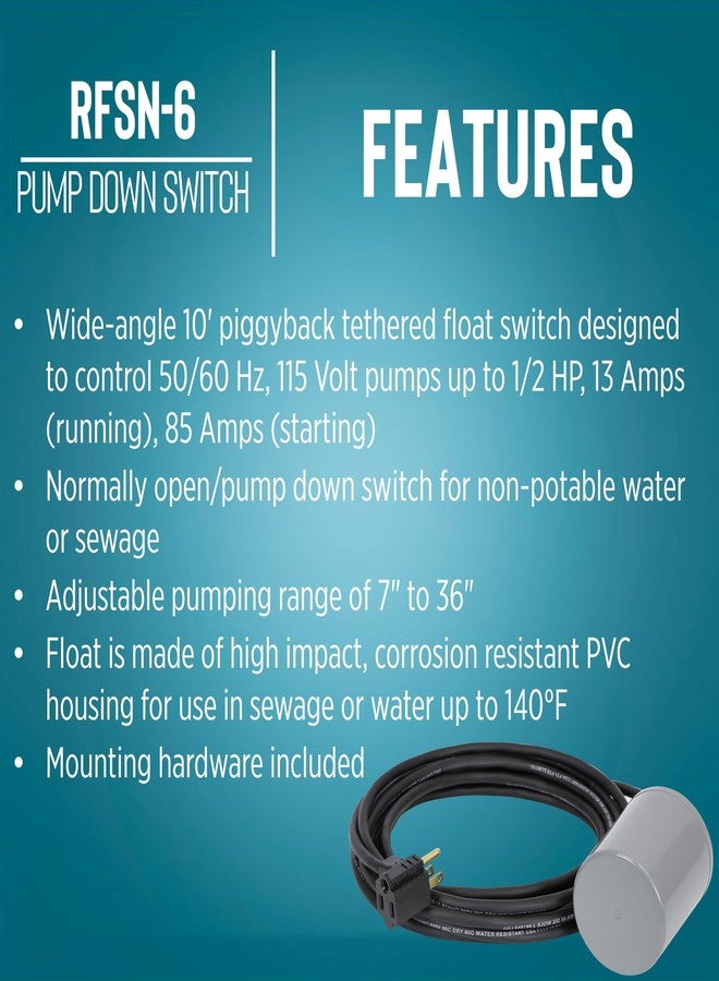 ليتل جايانت مفتاح عوامة ليتل جاينت RFSN-6، ١١٥ فولت، بحد أقصى ١٣ أمبير - نصف حصان، مزود بمضخة خلفية، مناسب لأنظمة البرك، أو أحواض الصرف الصحي، أو أنظمة تصريف المياه العادمة، بطول ١٠ أقدام، رمادي، رقم ٥٩٩١١٨ - Image 3