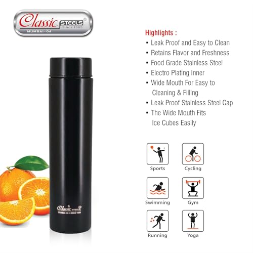 Classic Steels Super Slim Single Wall Premium Stainless Steel Water Bottle 500 ml Leak Proof, Lightweight Ideal for Office, Gym, School,Travel, Kitchen, Sports, Black. Made in India. - Image 4