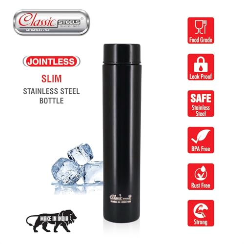 Classic Steels Super Slim Single Wall Premium Stainless Steel Water Bottle 500 ml Leak Proof, Lightweight Ideal for Office, Gym, School,Travel, Kitchen, Sports, Black. Made in India. - Image 3