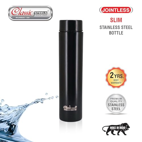Classic Steels Super Slim Single Wall Premium Stainless Steel Water Bottle 500 ml Leak Proof, Lightweight Ideal for Office, Gym, School,Travel, Kitchen, Sports, Black. Made in India. - Image 2