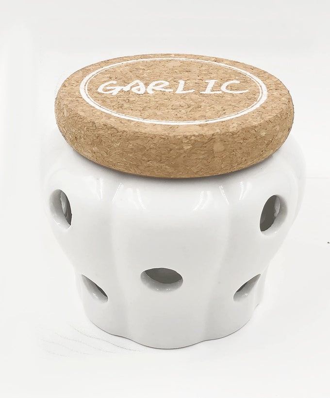 RUSTIC GARLIC KEEPER VENTED CERAMIC STORAGE CONTAINER WHITE STONEWARE WITH NATURE CORK LID 43 X 43 X 37 INCHES