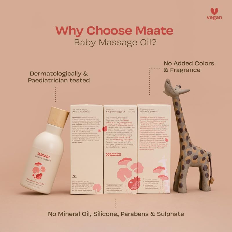 Maate Baby Massage Oil 150ml | Massage Oil for Newborn Baby & Kids | Enrich with Brahmi, Noni & Pomegranate Seed Oil | Light & Non-Sticky | Baby Massage Oil 0-12yr | Gentle Baby's Skin | Cruelty-Free - Image 4