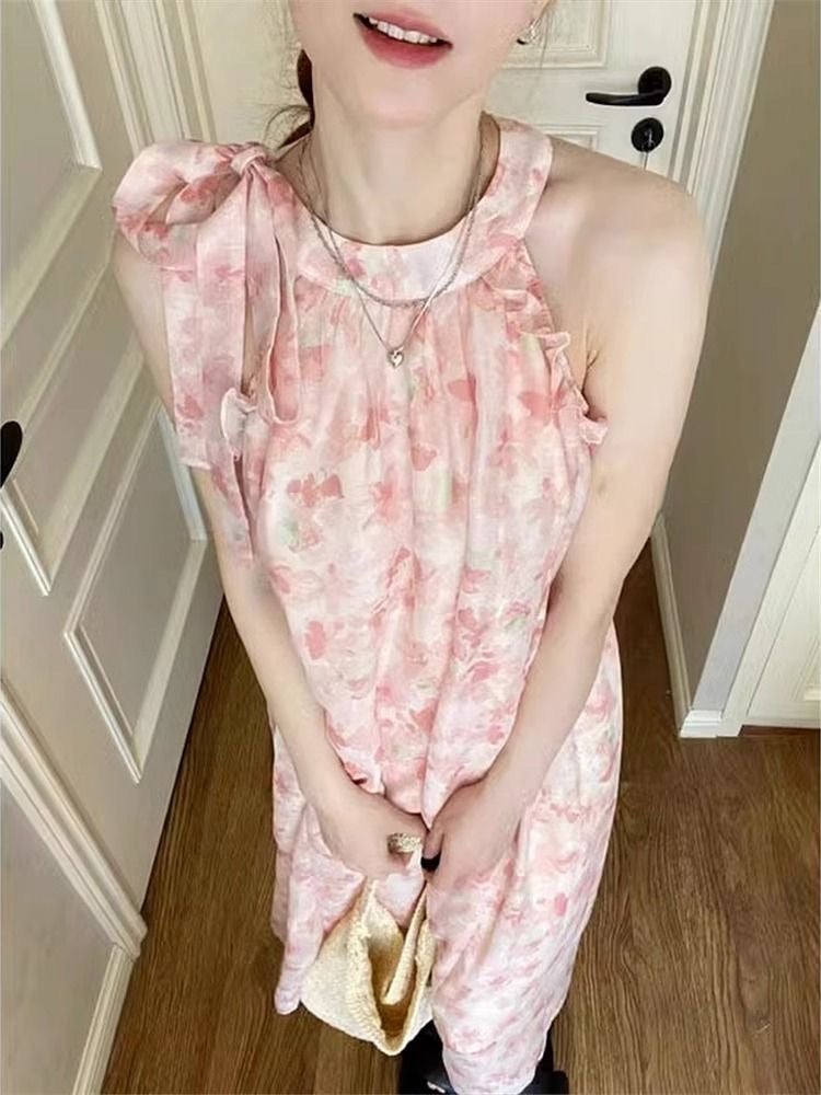 Neck Sling Pink Floral dress Childrens Summer Dopamine Wear French First Love Lace Sleeveless Long Dress pink