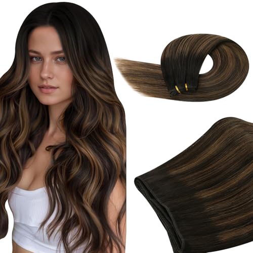 Ugeat Weft Hair Extensions Human Hair, Hair Extensions Sew in Balayage 22 Inch 100g, Sew in Extensions Double Weft, Dark Brown Balayage Medium Brown - Image 1