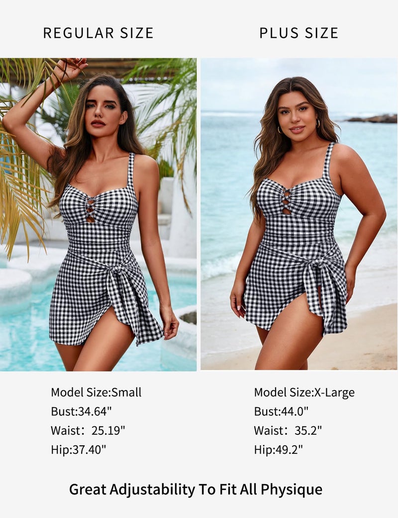 Zilcremo Swim Dress for Women Tummy Control One Piece Swimsuit Wrap Swimdress Square Neck Skirted Bathing Suit Swimwear Blackplaid L - Image 5
