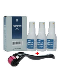 Dar Al Dawa Hairgrow 5% Minoxidil 3 Months Supply (3 Bottles X 50Ml) With Derma 0.5Mm Micro Needle Roller  - Image 1