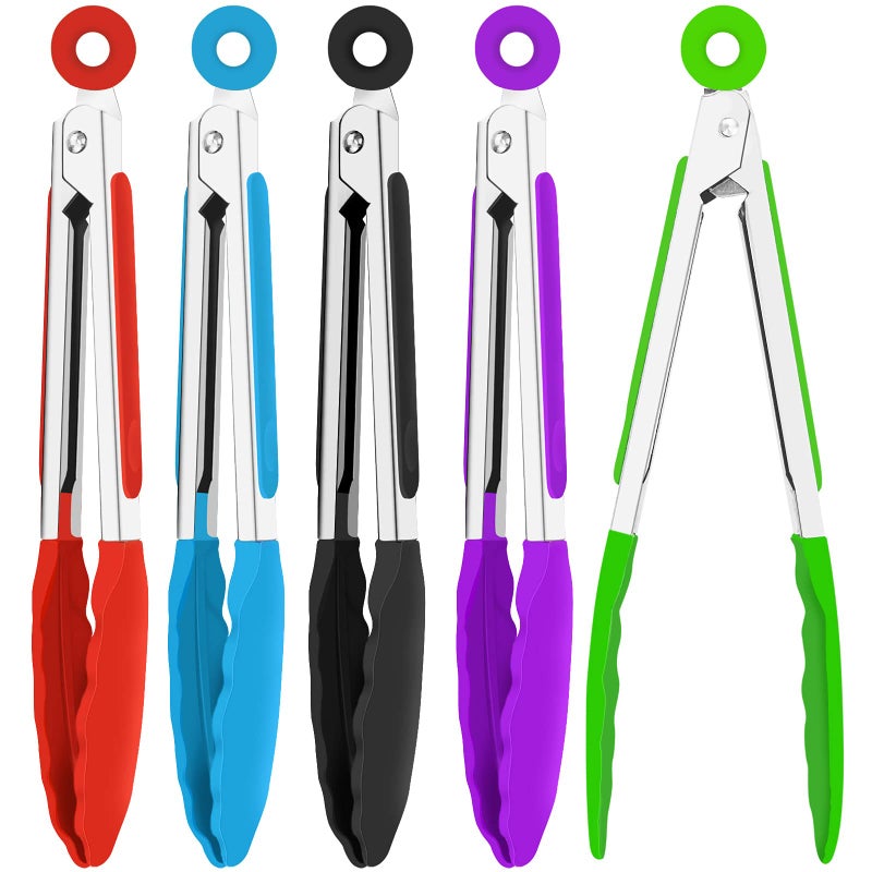 7 Inch Silicone small Tongs Set mini Kitchen tongs with Silicone Tips Food Tongs Stainless Steel Cooking Tongs for Salad Grilling Frying and Cooking BlueGreenRedPurpleBlack 5 Pieces