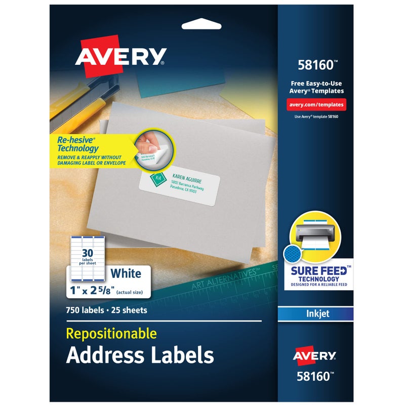 Avery Repositionable Printable Address Labels with Sure Feed 1 x 258 White 750 Blank Mailing Labels 58160
