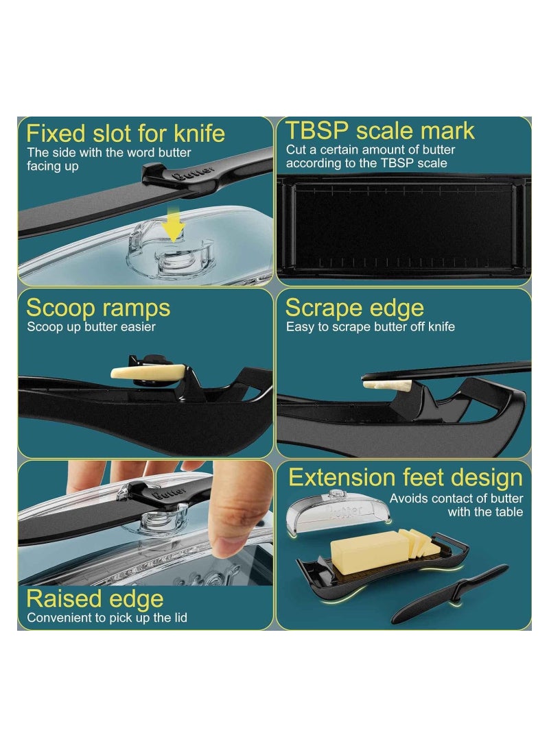 SOLARAE طبق زبدة مع غطاء وسكين دهن، مجموعة شوكات زبدة، حاوية زبدة بلاستيكية خالية من BPA مع غطاء لسطح الطاولة، طبق زبدة أسود للثلاجة، للتخييم، آمن في غسالة الصحون والفريزر - Image 5
