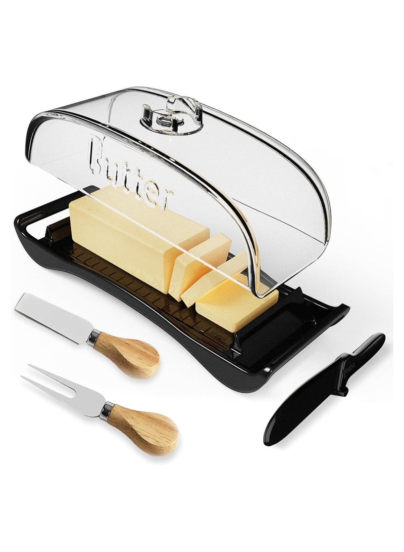 SOLARAE طبق زبدة مع غطاء وسكين دهن، مجموعة شوكات زبدة، حاوية زبدة بلاستيكية خالية من BPA مع غطاء لسطح الطاولة، طبق زبدة أسود للثلاجة، للتخييم، آمن في غسالة الصحون والفريزر - Image 1