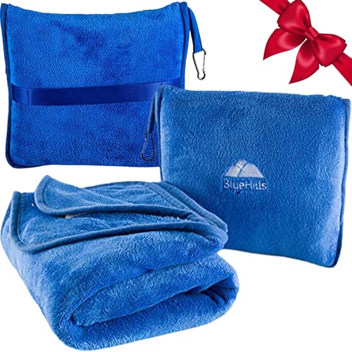 BlueHills Premium Soft Travel Blanket Pillow Airplane Blanket Packed in Soft Bag Pillowcase with Hand Luggage Belt and Backpack Clip, Compact Pack Large Plush for Any Travel (Royal Blue T003) - Image 1