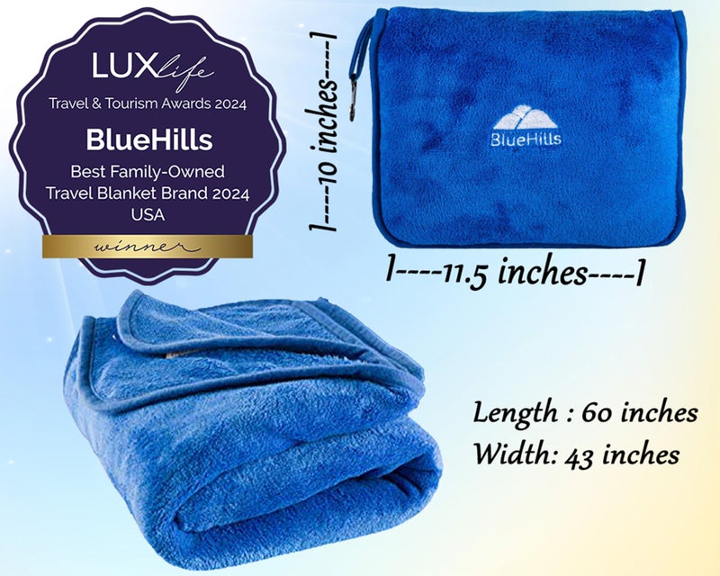 BlueHills Premium Soft Travel Blanket Pillow Airplane Blanket Packed in Soft Bag Pillowcase with Hand Luggage Belt and Backpack Clip, Compact Pack Large Plush for Any Travel (Royal Blue T003) - Image 4