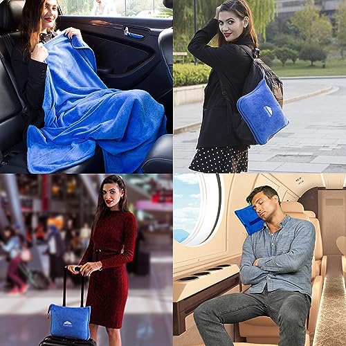BlueHills Premium Soft Travel Blanket Pillow Airplane Blanket Packed in Soft Bag Pillowcase with Hand Luggage Belt and Backpack Clip, Compact Pack Large Plush for Any Travel (Royal Blue T003) - Image 3