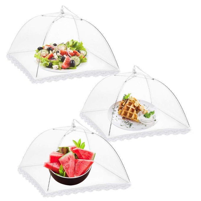 3 PACK FOOD COVERS 12 INCH POPUP ENCRYPTED MESH PLATE SERVING TENTS FINE NET SCREEN UMBRELLA FOR OUTDOORS PARTIES PICNICS BBQS REUSABLE AND COLLAPSIBLE