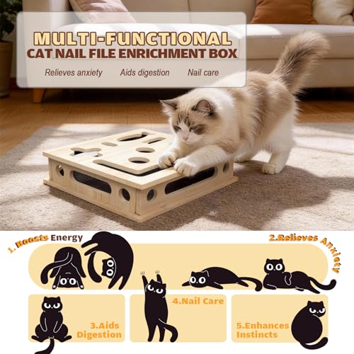 JHMFDDSB Cat Scratch Puzzle Enrichment Box, Large Solid Wood Construction Cat Nail File Enrichment Box with Sandpaper Inside, Cat Nail File Box Stress Free Alternative to Clippers and Grinders(No Bell Ball) - Image 3