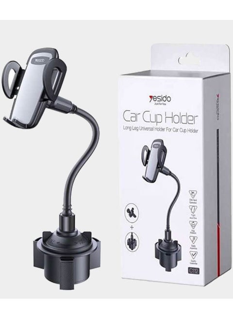 C112 Universal Car Cup Holder with Long Flexible Gooseneck, 360° Rotation, Adjustable Base, and One-Hand Operation – Black