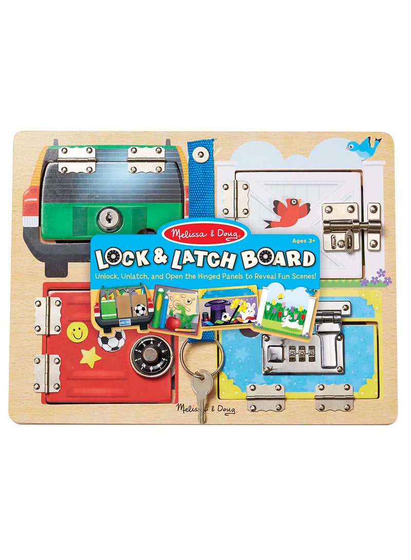 Melissa & Doug Locks and Latches Board Wooden Educational Toy Lock and Key Toys, Sensory Latch Puzzles for Toddlers and Kids 3+ - Image 3