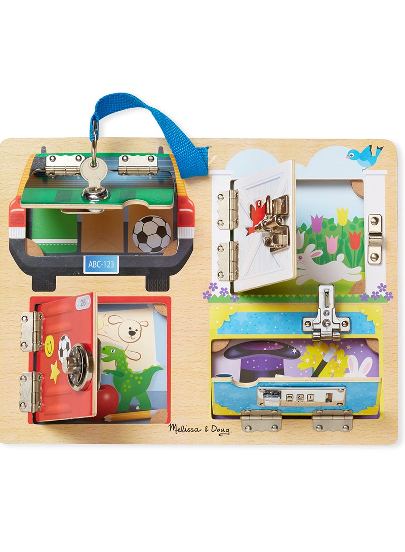 Melissa & Doug Locks and Latches Board Wooden Educational Toy Lock and Key Toys, Sensory Latch Puzzles for Toddlers and Kids 3+ - Image 2