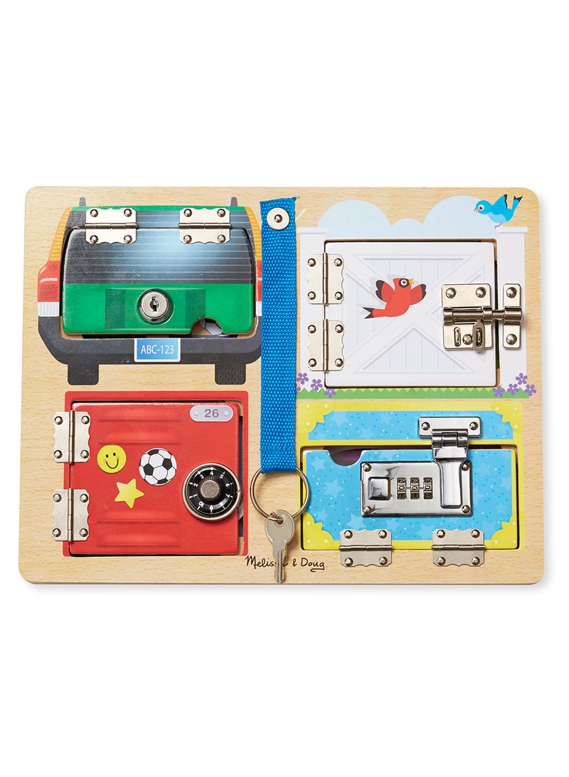 Melissa & Doug Locks and Latches Board Wooden Educational Toy Lock and Key Toys, Sensory Latch Puzzles for Toddlers and Kids 3+ - Image 1