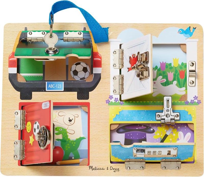 Melissa & Doug Locks & Latches Board – Wooden Activity Board with 6 Doors and Variety of Locks and Latches – Encourages Fine Motor Skills and Problem-Solving – Ages 3+ | MD9540 - Image 1