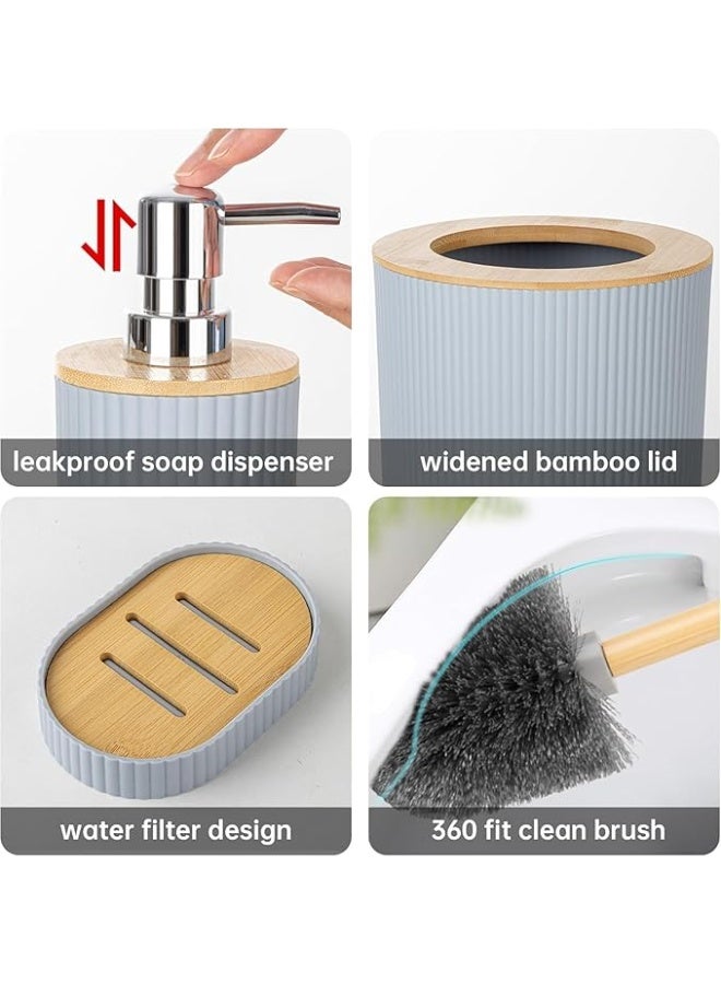 6-Piece Bathroom Accessory Set, Wooden Lid, Toothbrush Holder, Soap Dispenser, Soap Dish, Toilet Brush with Holder, Modern Trash Can (Gray) - Image 4