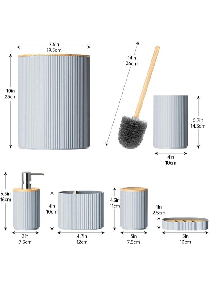 6-Piece Bathroom Accessory Set, Wooden Lid, Toothbrush Holder, Soap Dispenser, Soap Dish, Toilet Brush with Holder, Modern Trash Can (Gray) - Image 2