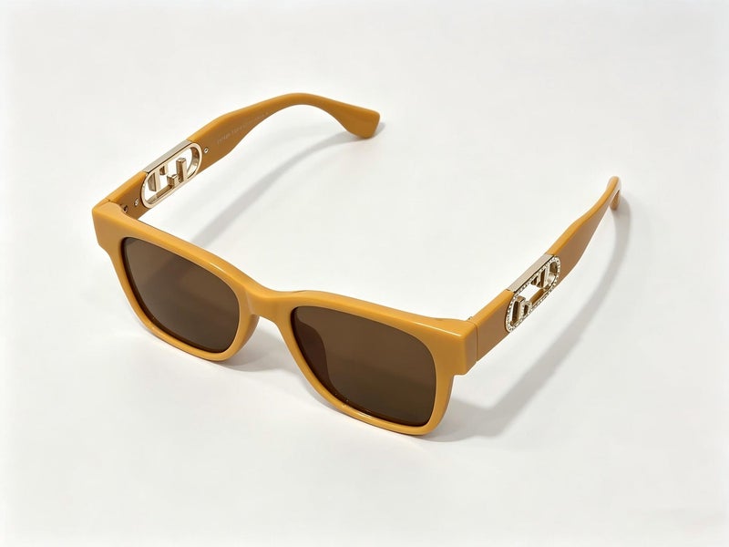 Fendi Classic Sunglasses with Crystal FF Logo Temples UV400 Shades for Men & Women,Yellow Frame with Tea-Lenses - Image 3