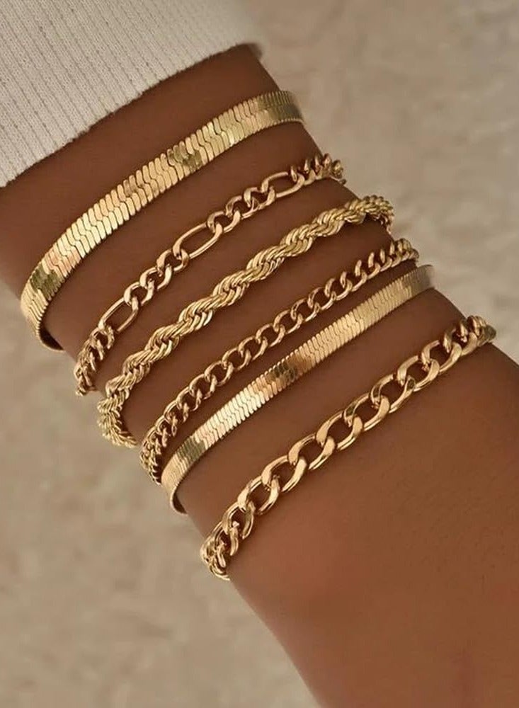 Mordely 6 Pack Gold Plated Chunky Chain Snake Bone Bracelets Set, 8INCH, No Gems - Image 1