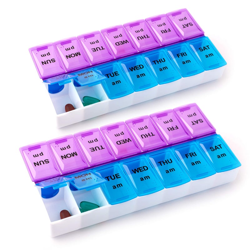 Deke Home - Pill Organizer 2 Times a Day (2 Pack), Weekly AM PM Pill Box, 7 Day Morning and Night Medicine Organizer, BPA-Free Daily Vitamin Container, Easy Open Travel Pill Case, 7.8"x3.6"x1.3" - Image 1