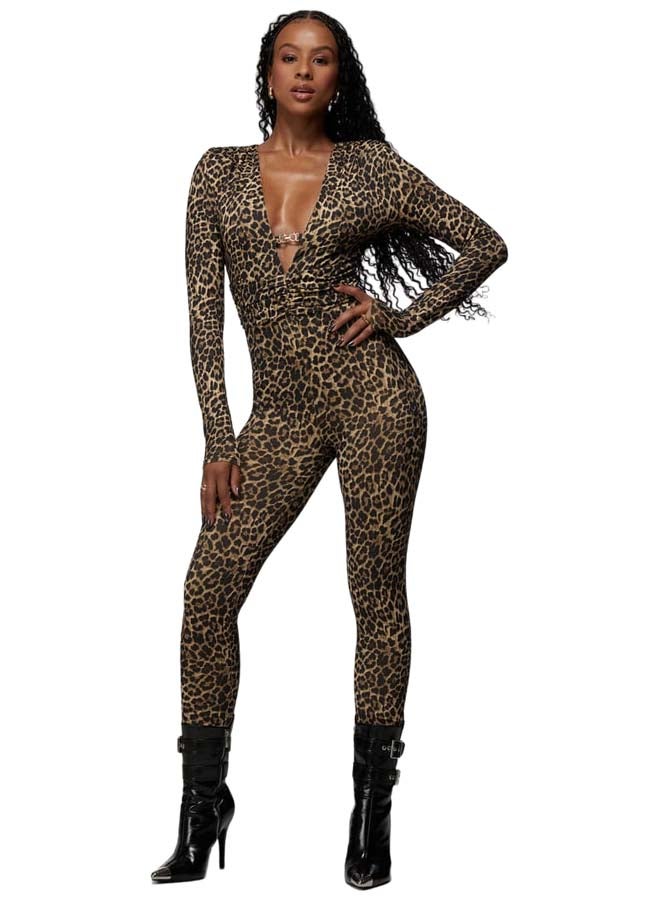 bebe Plunging V-Neck Metal Trim Detail Printed Catsuit  - Image 1
