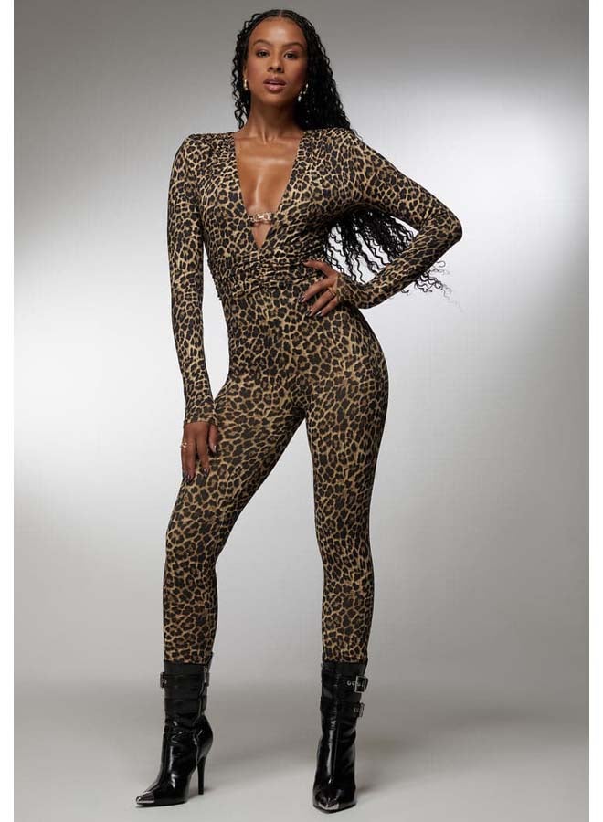 bebe Plunging V-Neck Metal Trim Detail Printed Catsuit  - Image 2