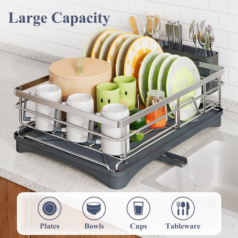 SAYZH Dish Drying Rack - Stainless Steel Dish Rack for Kitchen Counter, Large-Capacity Dish Drainer with Cutlery Holder, Kitchen Organizer for Dishes, Spoons and Forks, Silver - Image 2