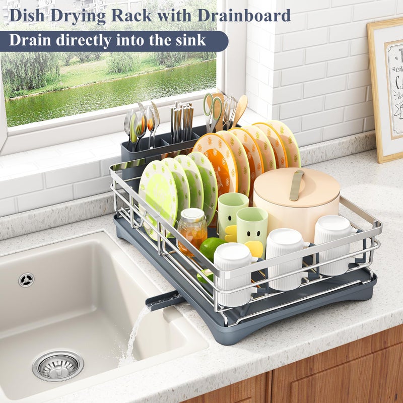 SAYZH Dish Drying Rack - Stainless Steel Dish Rack for Kitchen Counter, Large-Capacity Dish Drainer with Cutlery Holder, Kitchen Organizer for Dishes, Spoons and Forks, Silver - Image 4