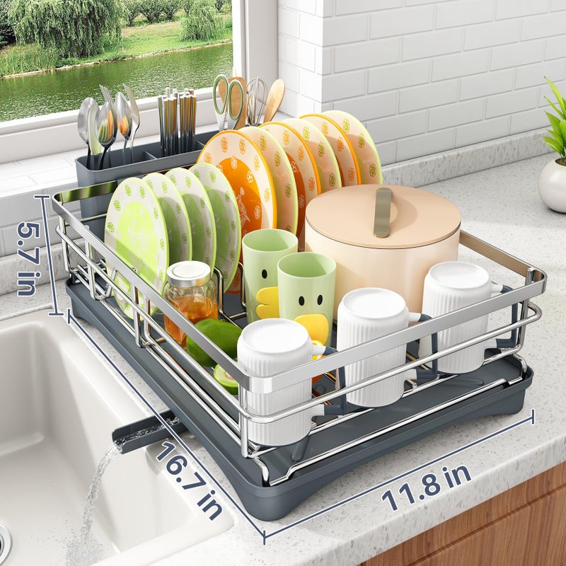 SAYZH Dish Drying Rack - Stainless Steel Dish Rack for Kitchen Counter, Large-Capacity Dish Drainer with Cutlery Holder, Kitchen Organizer for Dishes, Spoons and Forks, Silver - Image 5
