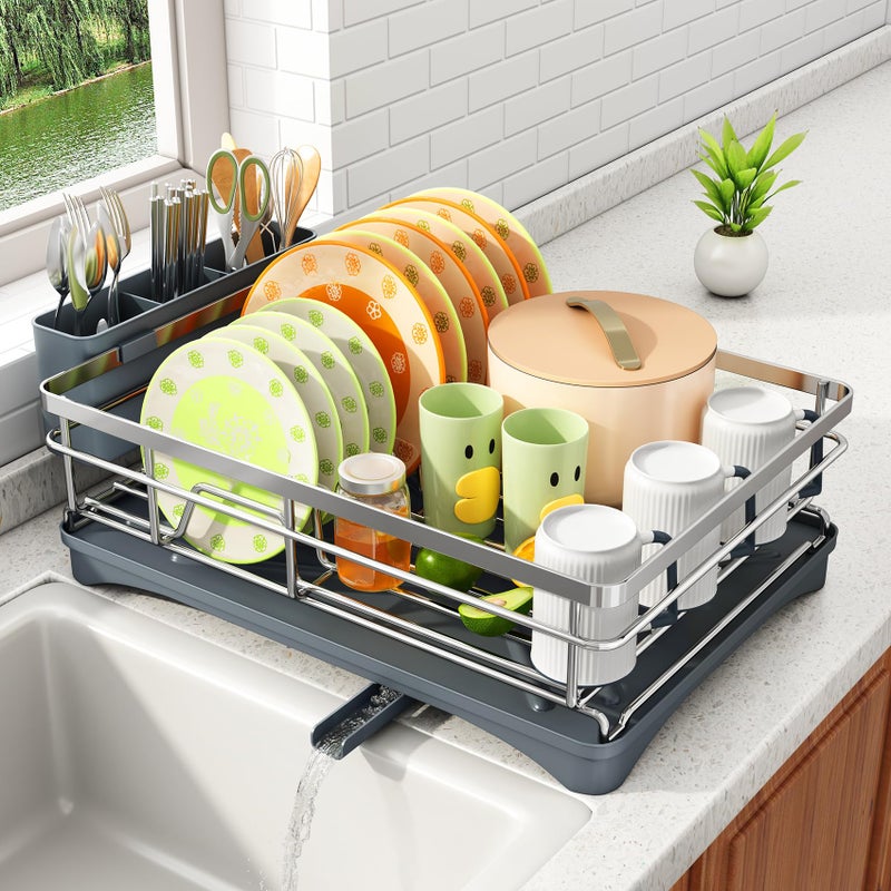 SAYZH Dish Drying Rack - Stainless Steel Dish Rack for Kitchen Counter, Large-Capacity Dish Drainer with Cutlery Holder, Kitchen Organizer for Dishes, Spoons and Forks, Silver - Image 1