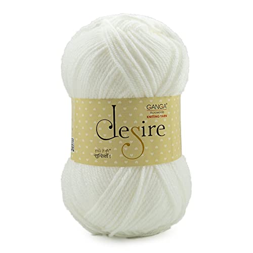 Ganga Acrowools Acrylic Desire Hand Knitting and Crochet Yarn. Pack of 1 Ball - 100Gms. Shade No - Dsr007, White - Image 1
