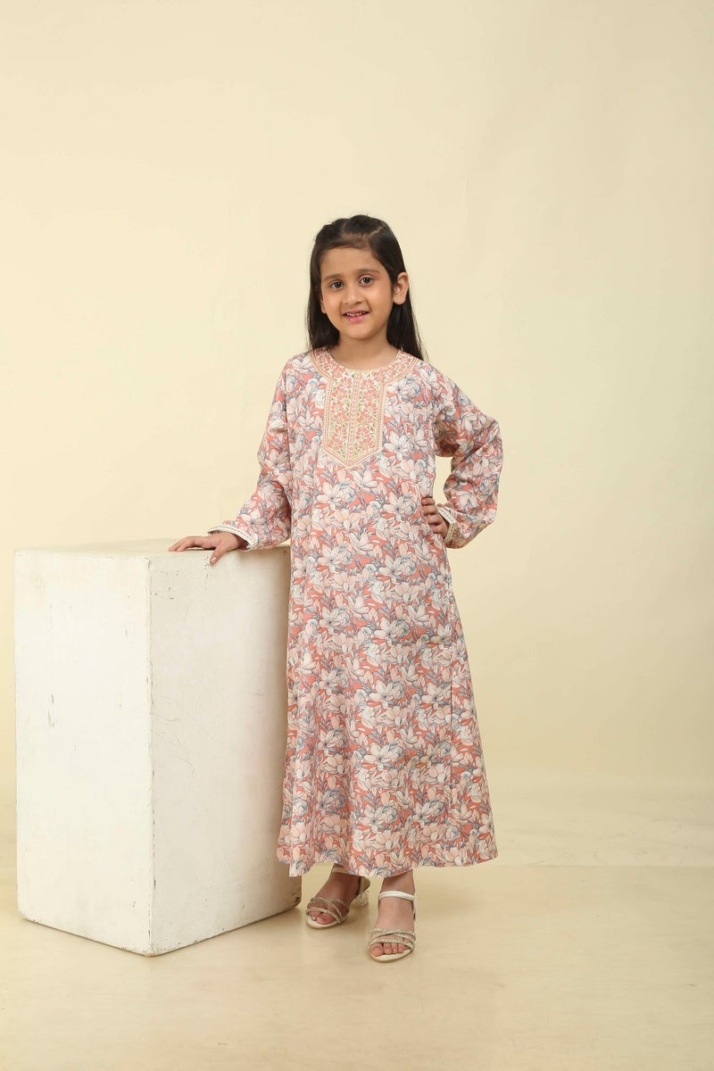 HANA & SARA Classic Girls Arabic Jalabiya – Lightweight Floral Full-Length Dress for Celebrations - Image 2
