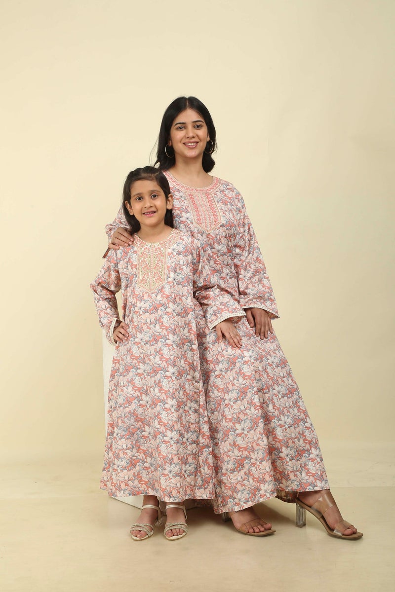 HANA & SARA Classic Girls Arabic Jalabiya – Lightweight Floral Full-Length Dress for Celebrations - Image 1