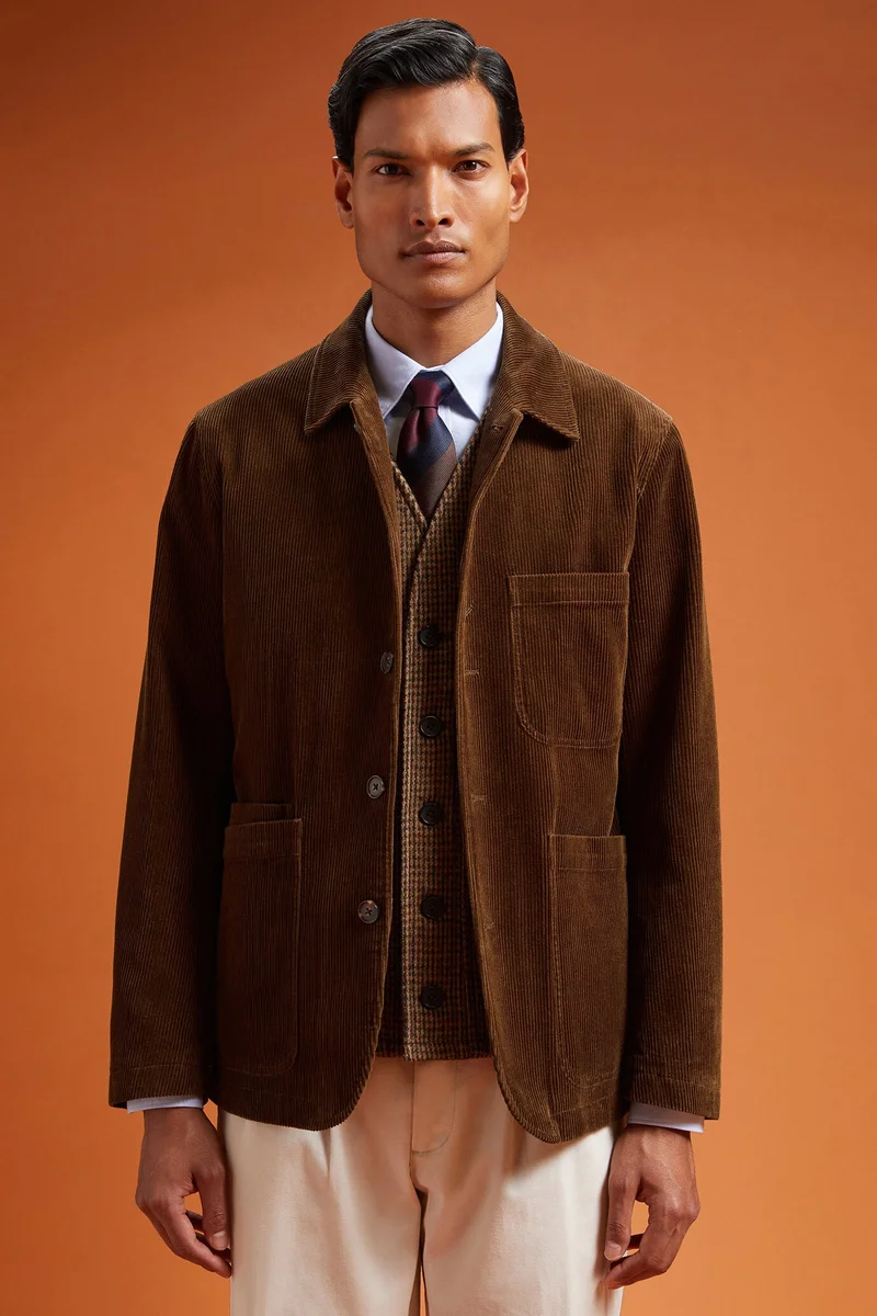 Men's regular fit jacket in 100% cotton velvet with three pockets - LT Brown
