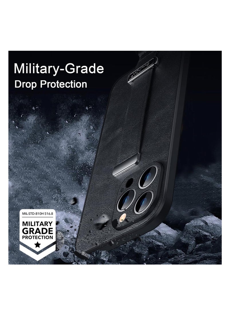 Aookay Case for iPhone 16 Pro, Premium PU Leather Business Case with Wrist Strap Grip Holder [Camera Lens Protection] Shockproof Slim Case (Black) - Image 2