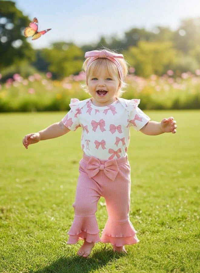 Renotemy Newborn Baby Girl Clothes Infant Romper Spring Summer Outfits Gifts Bell Bottoms Pant Sets for Girls Preemie-12Month, Pink, New Born - Image 5