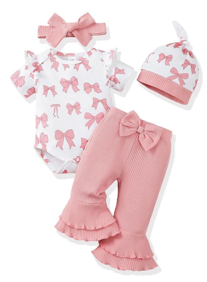 Renotemy Newborn Baby Girl Clothes Infant Romper Spring Summer Outfits Gifts Bell Bottoms Pant Sets for Girls Preemie-12Month, Pink, New Born - Image 1