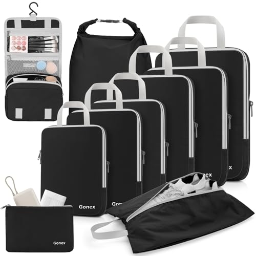 Gonex 10 Set Compression Packing Cubes Expandable Storage Travel Bags for Suitcase Luggage Organizers with Hanging Toiletry Bag Laundry Bag Shoe Bag Accessories Bag Black - Image 1
