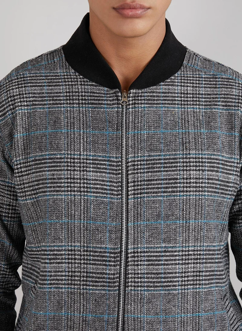 Campus Sutra Men's Black Tartan Plaid Jacket With Ribbed Hem