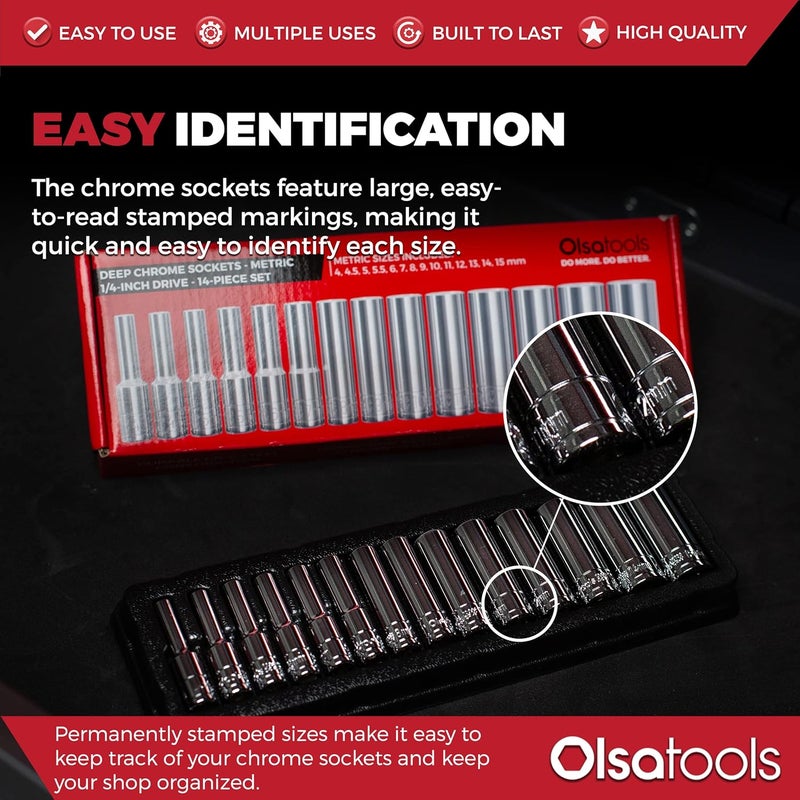 Olsa Tools Metric Deep Socket Set - 1/4-Inch Drive, 14pc - 6-Point Chrome Sockets from 4mm–15mm and No Skipped Sizes - Mechanic Deep Metric Socket Set - Professional Grade Long Sockets - Part: 1327 - Image 3