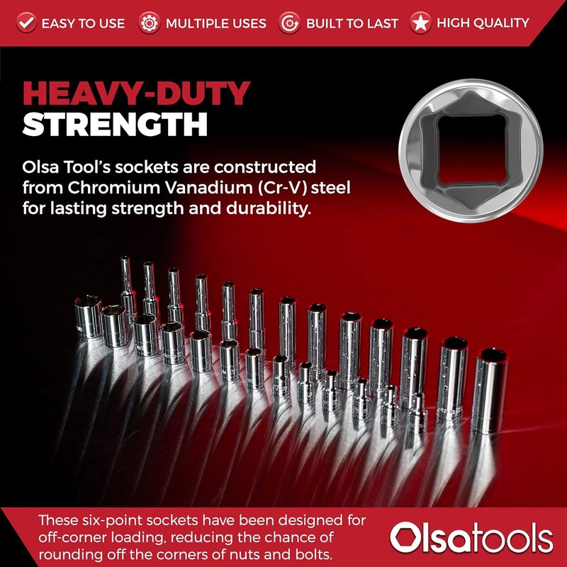 Olsa Tools Metric Deep Socket Set - 1/4-Inch Drive, 14pc - 6-Point Chrome Sockets from 4mm–15mm and No Skipped Sizes - Mechanic Deep Metric Socket Set - Professional Grade Long Sockets - Part: 1327 - Image 4