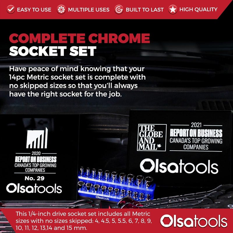 Olsa Tools Metric Deep Socket Set - 1/4-Inch Drive, 14pc - 6-Point Chrome Sockets from 4mm–15mm and No Skipped Sizes - Mechanic Deep Metric Socket Set - Professional Grade Long Sockets - Part: 1327 - Image 2